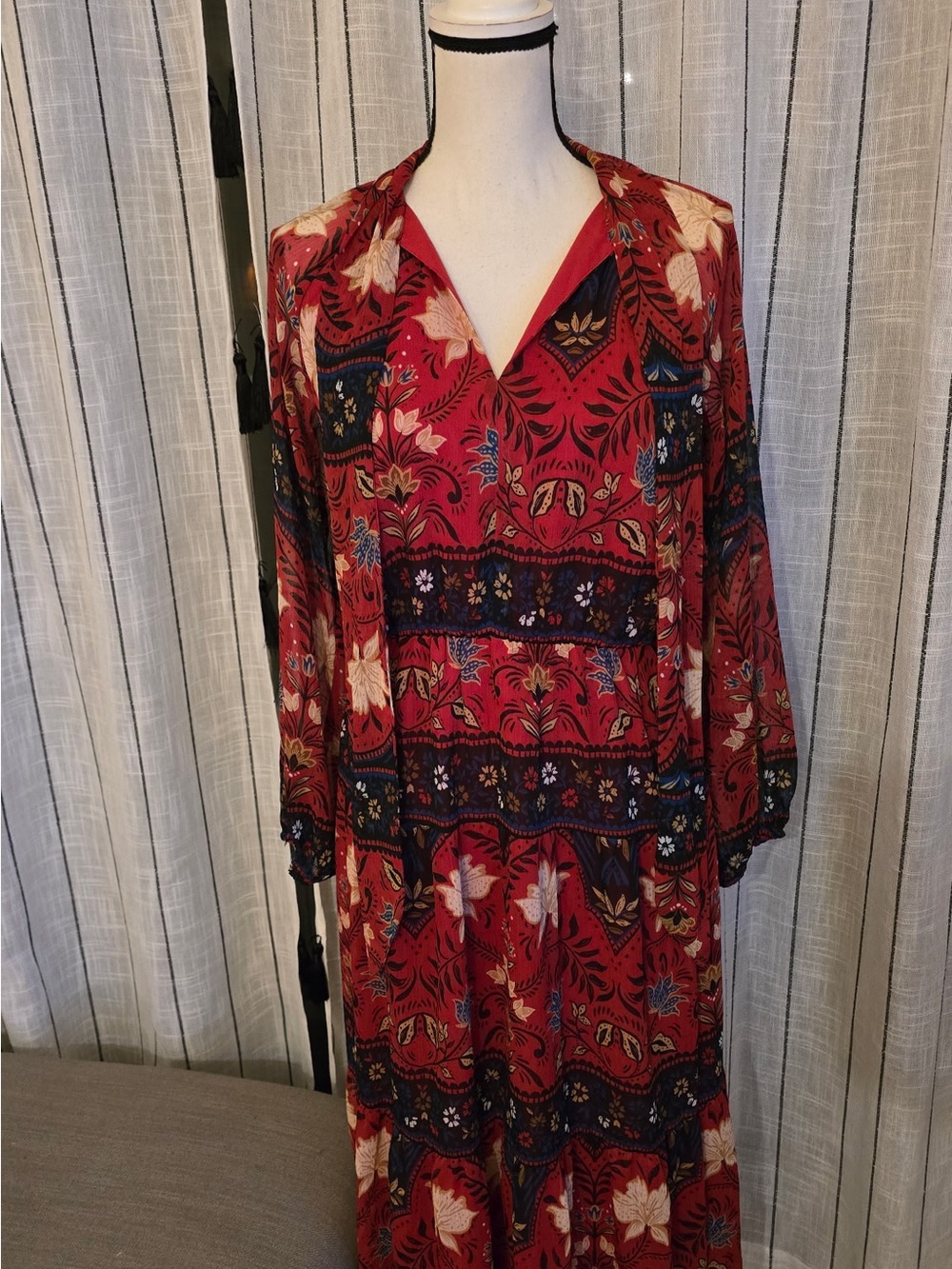 LOFT Red Floral Maxi Dress with Navy and Cream Details